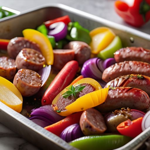 Sheet pan Sausage, Peppers, and Onions.