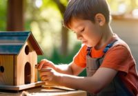Kids learning how to build a birdhouse.